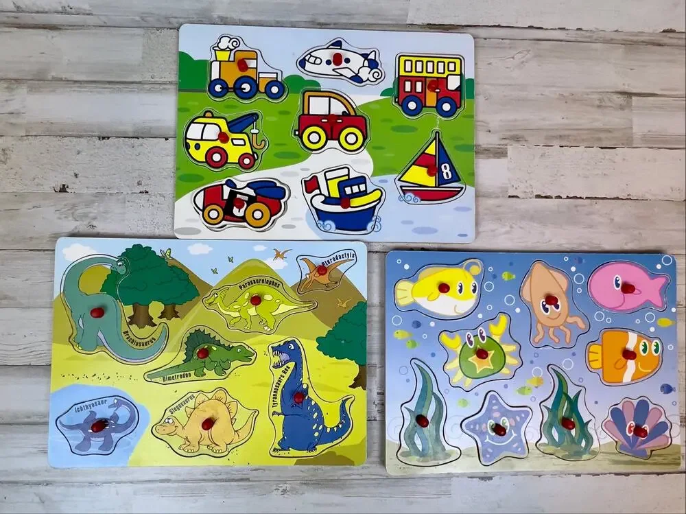 Vintage Wooden Tray Puzzles Set of 3 Transportation Dinosaurs Under the Sea